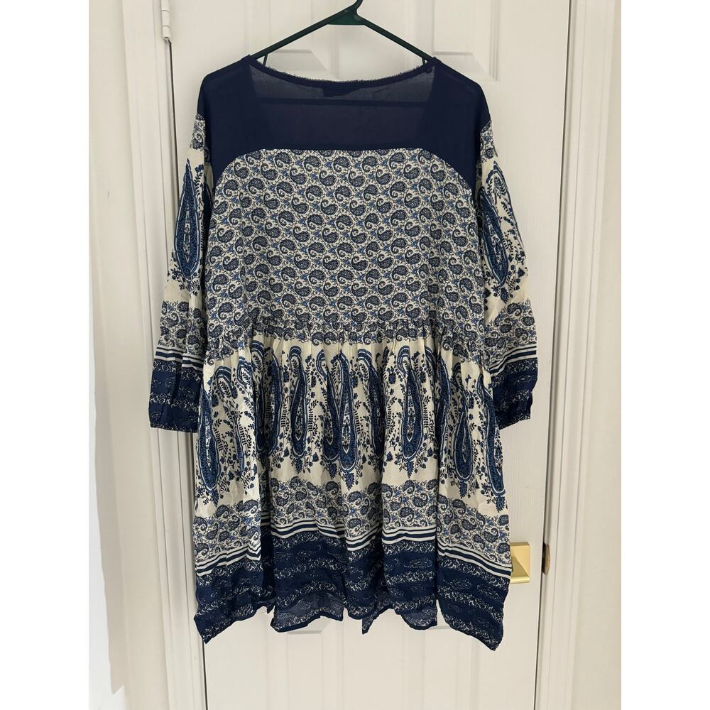 EN CREME Blue White Paisley Embroidered Boho Tunic Mini Dress Tassel Women's 1X - Picture 8 of 12
